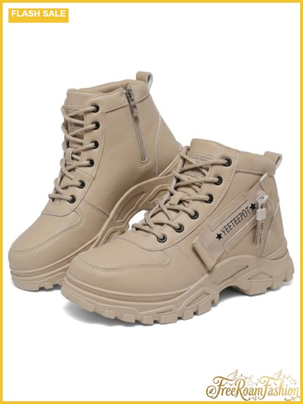 Faux Leather Ankle Booties Lace Up Combat Style Platform Heel Side Zip